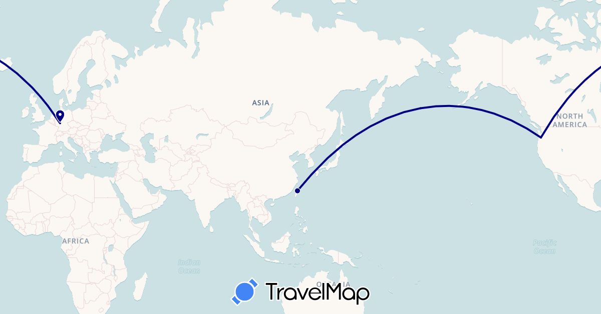 TravelMap itinerary: driving in Germany, Taiwan, United States (Asia, Europe, North America)